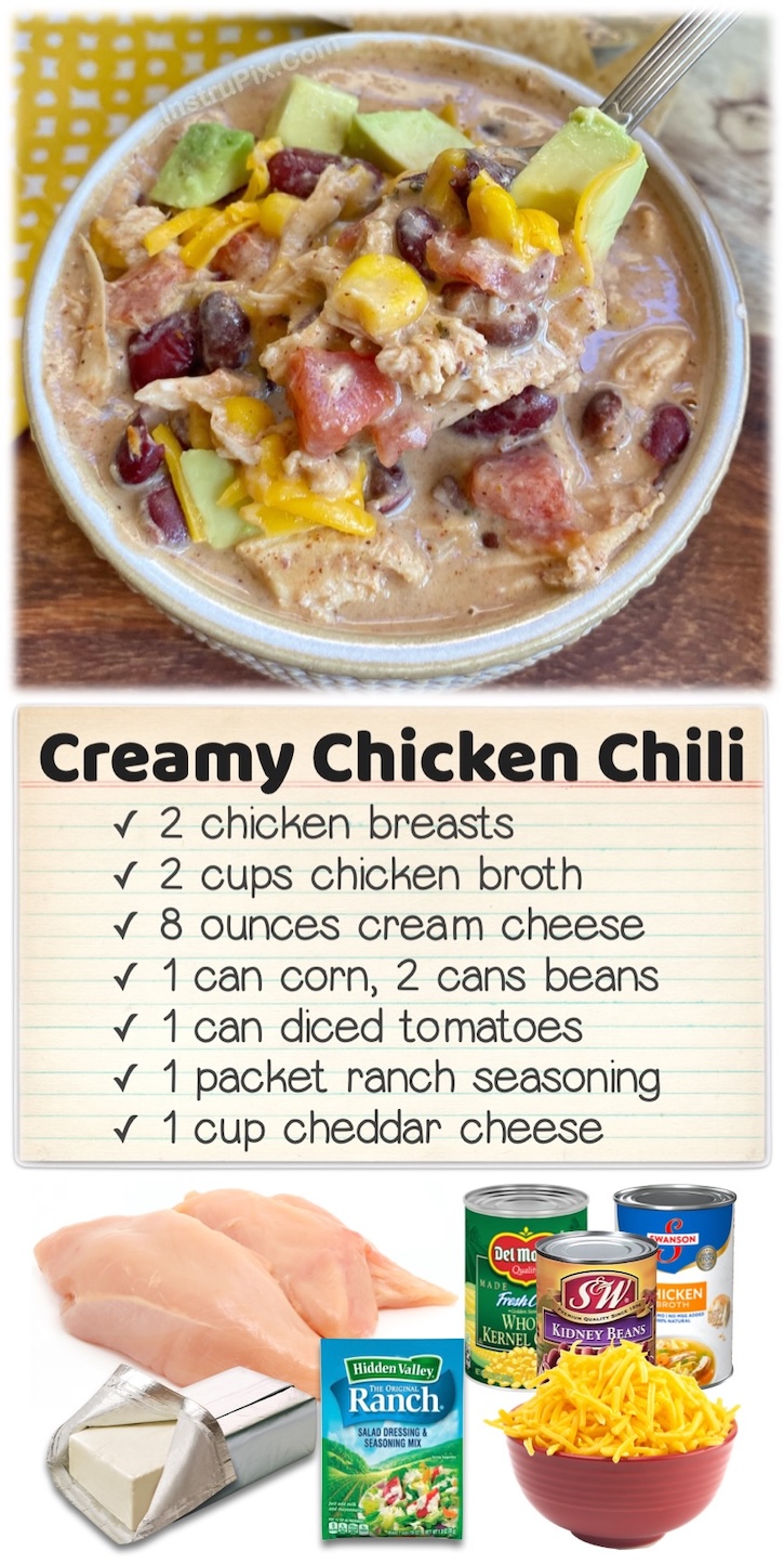 Creamy Chicken Chili | This mild and tasty dinner is perfect for a family with picky eaters to feed, plus you can customize it with the spices and toppings of your choice. The cream cheese and cheddar make it hearty, filling, and oh so delicious! We like to serve with tortilla chips and avocado for the ultimate comfort food.