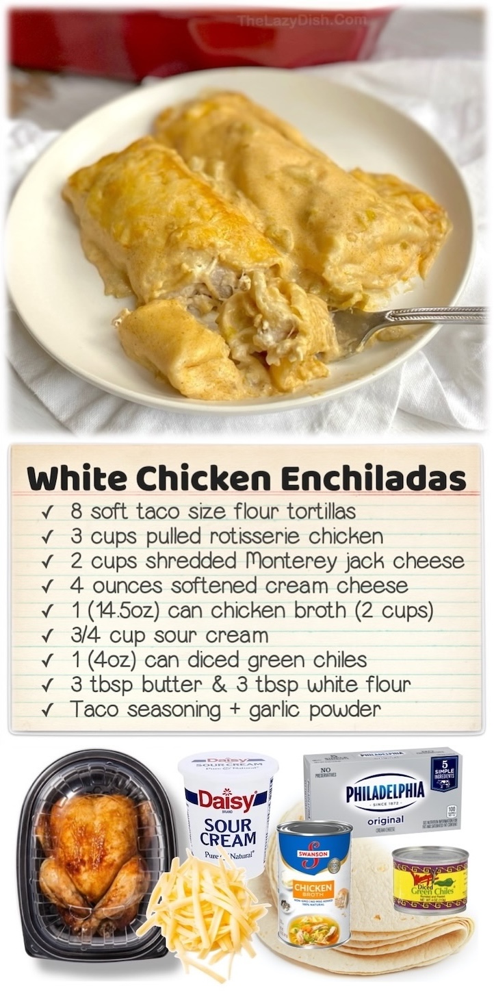 Creamy White Chicken Enchiladas | This popular recipe is a big hit with my picky family! A quick and easy enchilada recipe made with a delicious homemade sauce. My kids always go back for seconds!