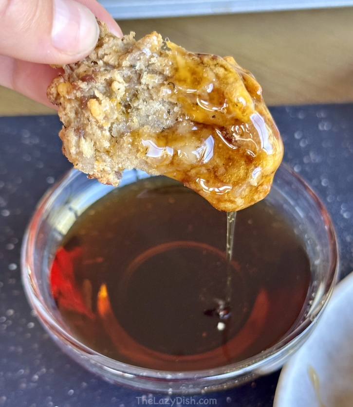 Pancake sausage balls dipped in syrup make the best breakfast ever. This sausage bite recipe is so simple with just 4 ingredients you may already have at home. Make a double batch and freeze some for those busy mornings when you need a quick breakfast idea. 