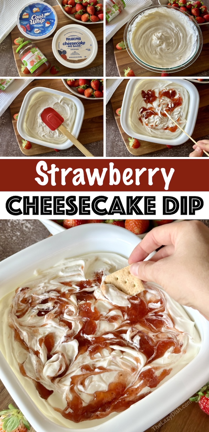 Check out this recipe for the best cheesecake dip ever! Using only 3 ingredients including no back cheesecake filling, cool whip, and strawberry jam you can make a simple dessert that will have everyone begging for more. This 5 minute sweet treat is perfect for parties. You can also customize this recipe with whatever flavor topping you like. The options are endless. 