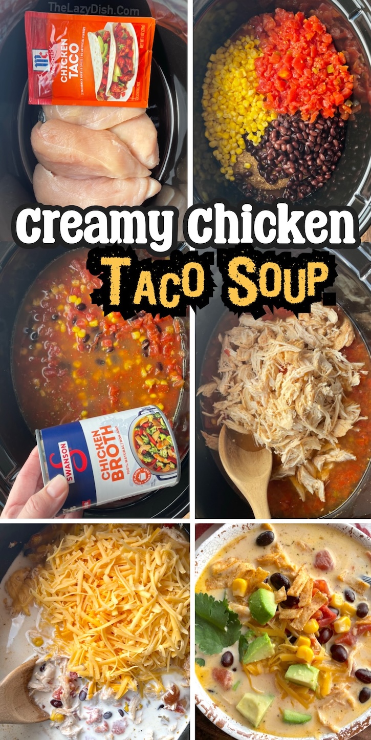 Easy Creamy Chicken Taco Soup | This delicious family dinner recipe is so easy to make ahead of time in your slow cooker! A wonderful meal for busy weeknights and family gatherings. Even your picky eaters will ask you to make it again. 
