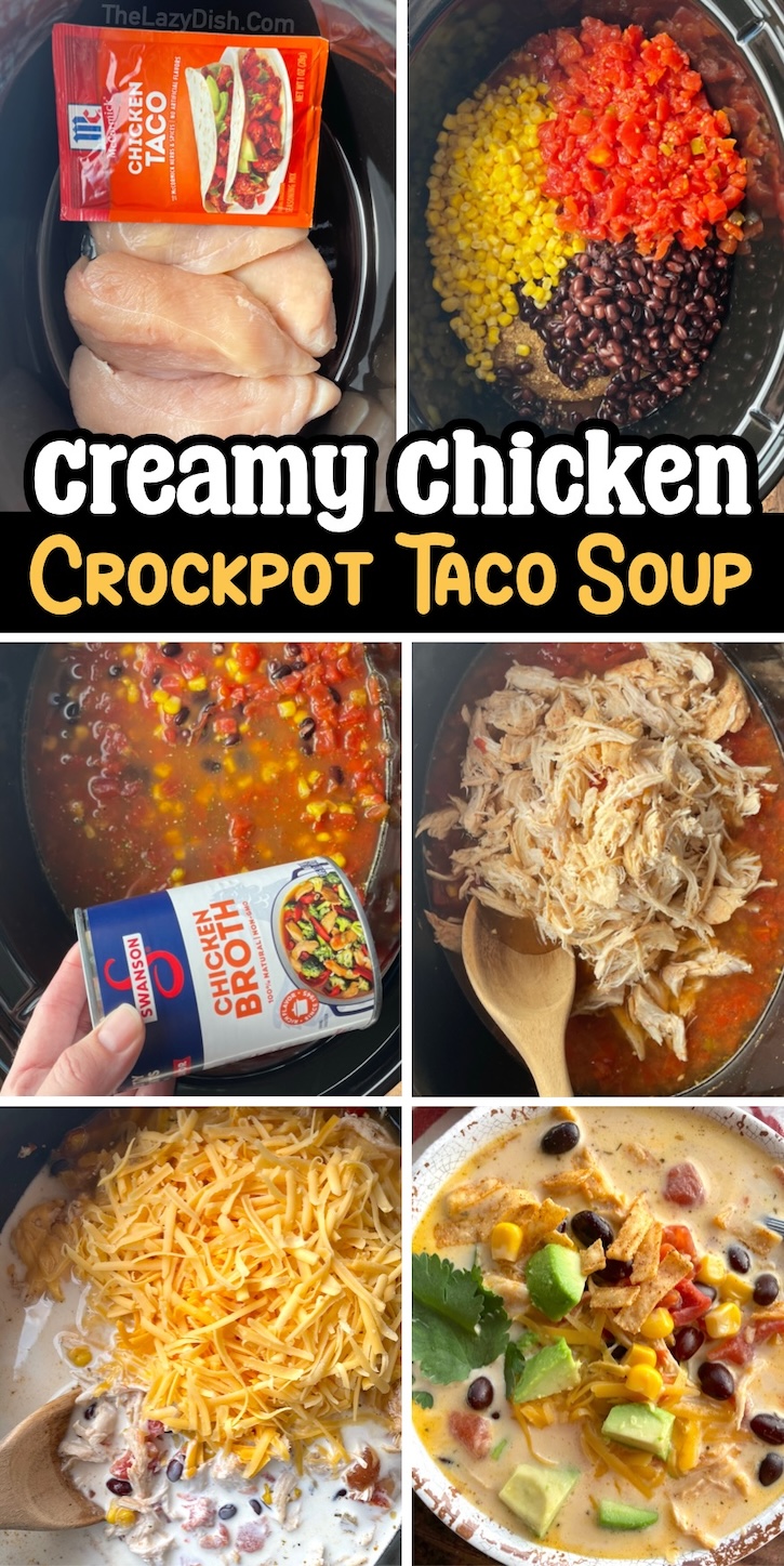 Easy crockpot dinner recipe! This creamy chicken taco soup is simple to make with just a few ingredients that your family will love. My picky kids gobble it up and always go back for seconds. I've included step by step photos and easy to read instructions, making this a great recipe for beginners. 
