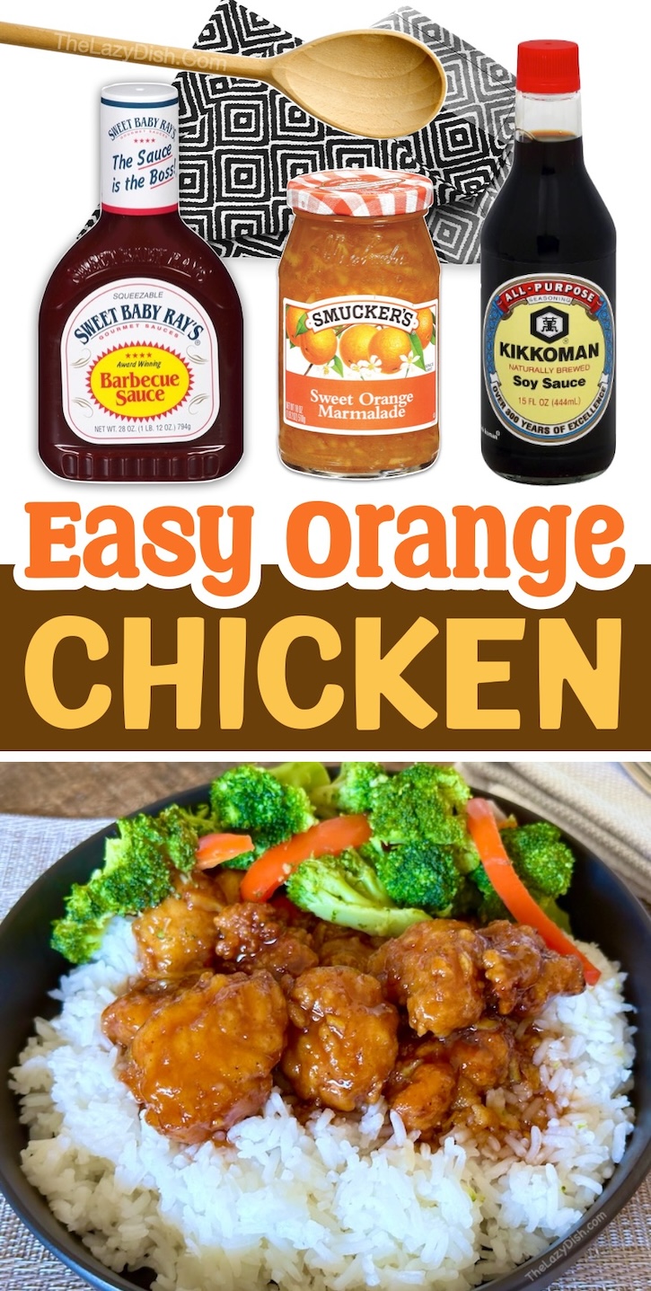 Delicious homemade orange chicken recipe that's super quick and easy to make with just a few ingredients! The sauce is made with 3 ingredients, simply heat it up on the stove and toss with frozen popcorn chicken for the easiest weeknight meal. My kids love this sweet and savory chicken served over rice!