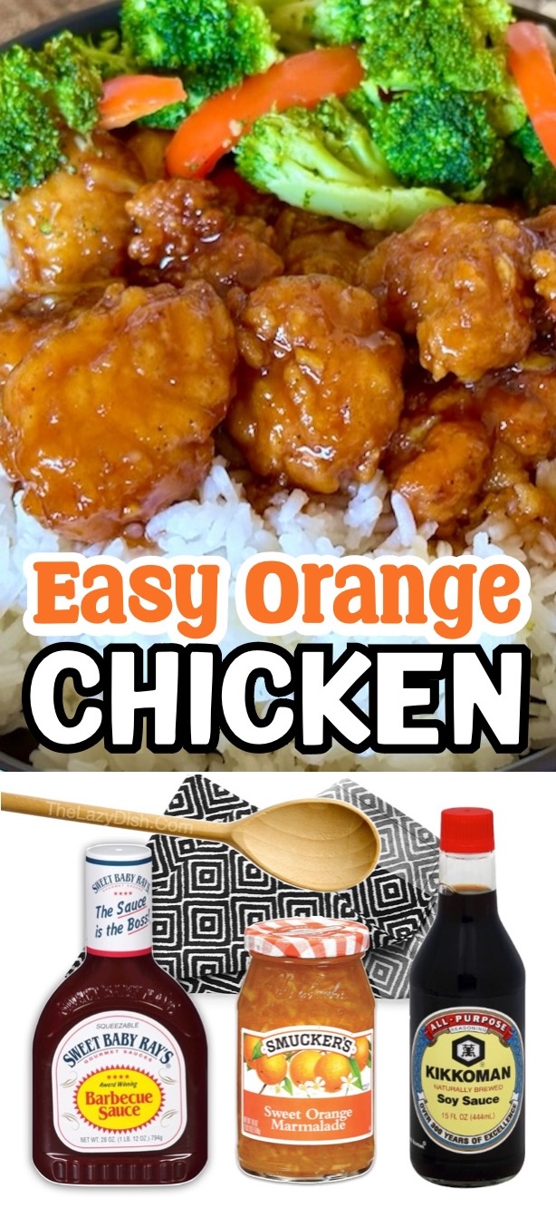 how to make easy orange chicken at home with orange marmalade, bbq sauce, and soy sauce! This quick and easy recipe is perfect for a family with kids on busy school nights. Serve with rice and your favorite side of veggies!