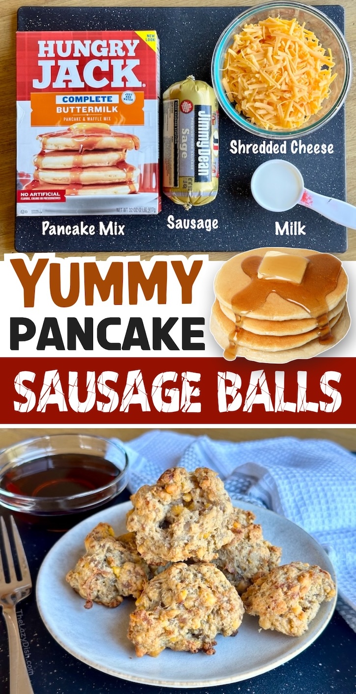 Pancake Sausage Balls are a fun and easy breakfast recipe made with just 4 ingredients including any pancake mix, breakfast sausage, cheddar cheese and milk. Dip them in syrup for the best fun breakfast!