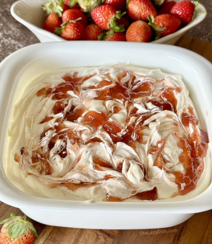 Are you looking for an easy dessert or party appetizer? Well this recipe is sure to wow all of your guests. With just 3 ingredients you can make this amazing strawberry cheesecake dip in less than 5 minutes! No baking required. Just mix and serve. 