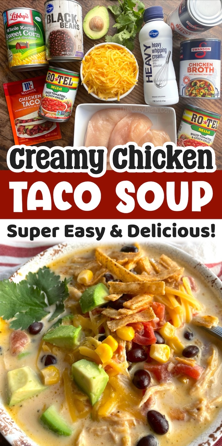 This creamy chicken taco soup is a super easy and delicious dinner recipe for a family with kids! Break out your slow cooker because you are about to make the best crockpot dinner. It's one of those recipes that you'll want to add to your weekly dinner menu. Even my picky kids go back for seconds!