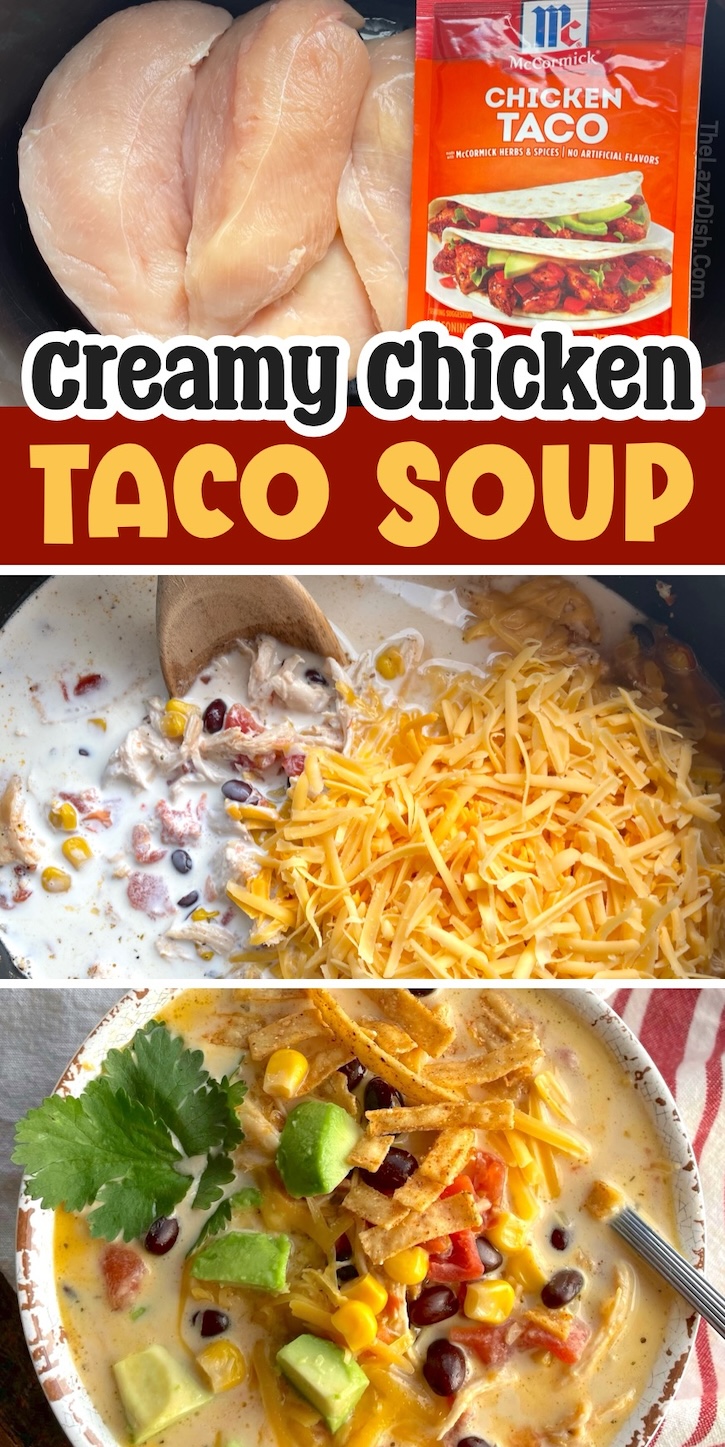 Are you a busy mom with a family full of picky eaters? Your kids are going to love this creamy chicken taco soup! It's cheap and easy to make in your crockpot with just a. few ingredients. Customize it to your liking with the toppings of your choice. We love tortilla chips and avocado!