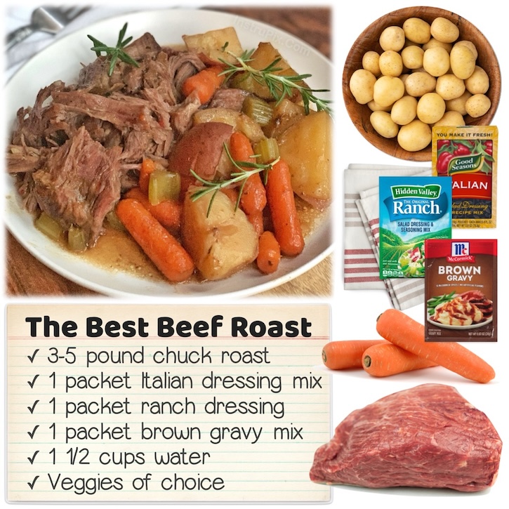 The Best Slow Cooker Beef Pot Roast made with 3 seasoning packets including brown gravy mix, ranch seasoning, and Italian dressing mix. Cook with your favorite veggies such as potatoes, carrots and celery to make the meal complete. 