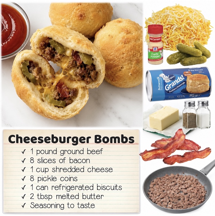 Cheeseburger Biscuit Bombs are a scrumptious and whimsical way of eating burgers! Simply stuff Pillsbury biscuits with seasoned ground beef, bacon, cheese, and pickles. Slather on some seasoned butter and bake! Your kids are going to love dipping them in ketchup and mustard. 