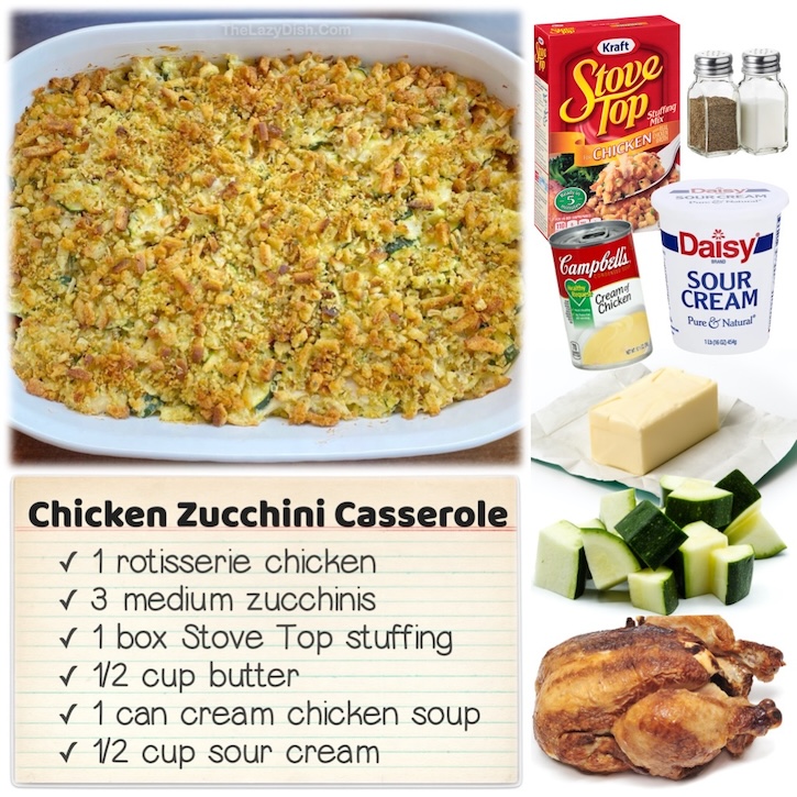This Chicken and Zucchini Casserole is loaded with stuffing, making it a comforting meals that reminds me of the holidays. This family friendly dinner is made with rotisserie chicken, sour cream, cream of chicken soup, butter, stuffing, and lots of zucchini. 