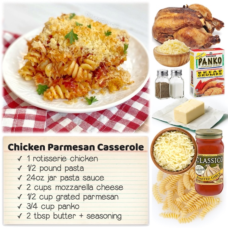 Chicken Parmesan And Pasta Casserole is an easy weeknight dinner recipe made with the pasta of your choice, rotisserie chicken, pasta sauce, cheese, butter, and panko bread crumbs. This is the ideal recipe for picky eaters, especially young kids who don't like things spicy. 