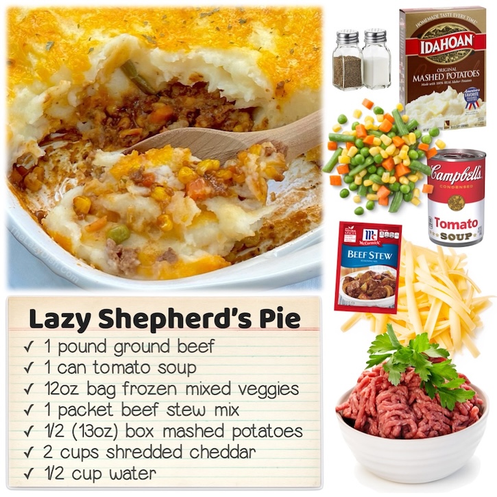 Lazy Shepard's Pie is a layered casserole with flavorful ground beef, tomato soup, veggies, mashed potatoes and cheese. This traditional recipe has been made quick and easy with just a few basic ingredients, making it perfect even for busy nights when you don't feel like cooking. 