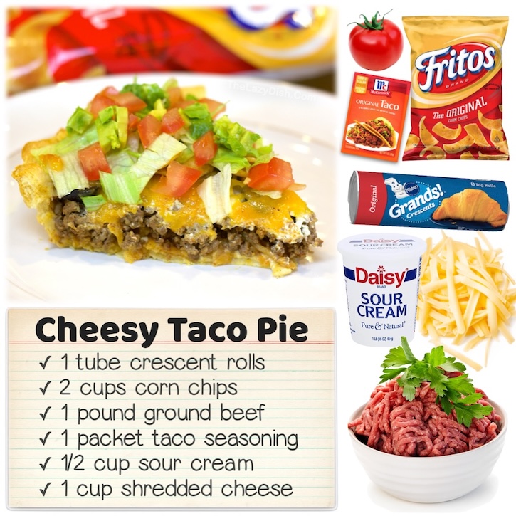 A fun way to make tacos in the form of a pie with crescent rolls! This cheesy taco pie is easy to make in a pie dish and loaded with your favorite taco ingredients such as seasoned ground beef and cheese. The Fritos chips add the perfect crunch. 