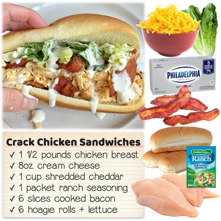 Creamy and cheesy crockpot shredded chicken with crispy bacon, lettuce and ranch served in hoagie rolls to make the best sandwiches for dinner. 