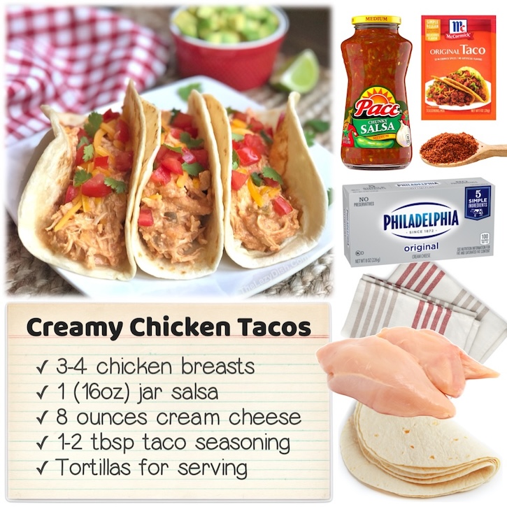 Place 3-4 chicken breasts into your slow cooker with a jar of salsa, a packet of tacos seasoning, and a block of cream cheese to make the best creamy shredded chicken for tacos. 