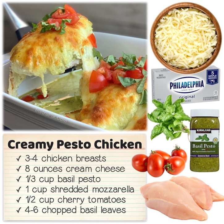 Creamy pesto baked chicken is a low carb dinner recipe made with chicken breasts, basil pesto, cream cheese and pesto. Bake everything in one dish, and serve however you'd like for your family with a side of pasta or rice. 