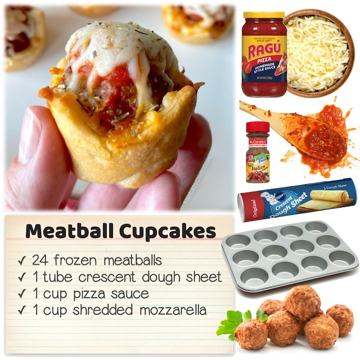 If your dinners are getting a little boring, you've got to try these mini meatball cupcakes! They are like meatball subs in the form of finger food and made with just refrigerated sheet dough, frozen meatballs, pizza sauce, and shredded cheese. Kids especially love this fun dinner idea. 