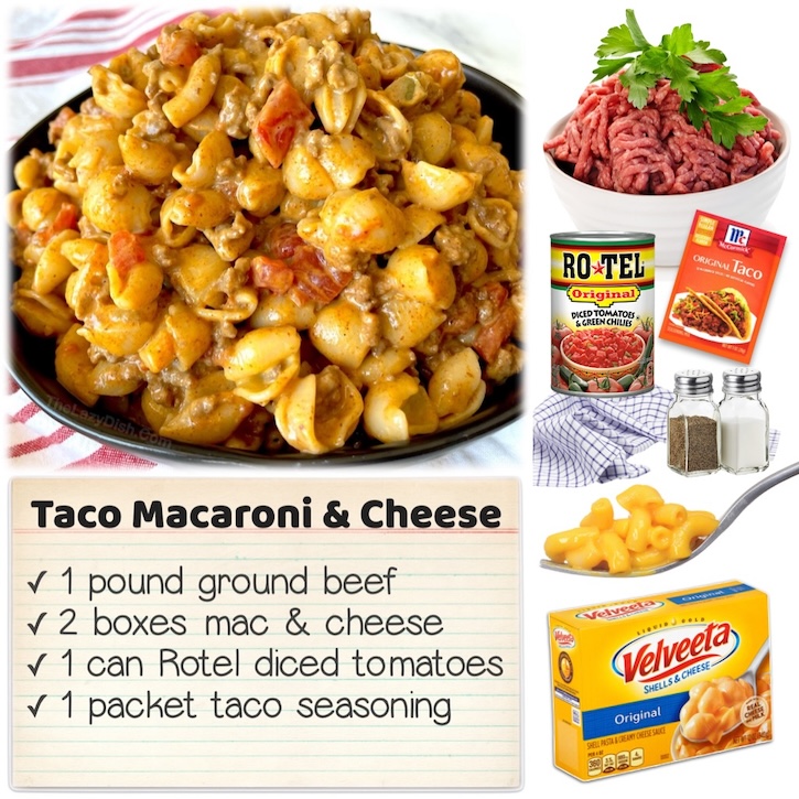 Taco Macaroni and Cheese Combines taco seasoned ground beef with a can of Rotel diced tomatoes and green chillies with 2 boxes of your favorite store-bought macaroni and cheese such as Velvet or Kraft. 