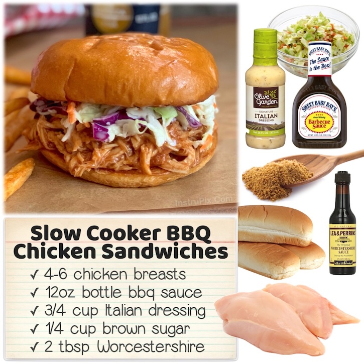 This delicious slow cooker shredded bbq chicken is perfect for making sandwiches with coleslaw, but can also be served over a baked potato or salad for a simple family dinner recipe, potluck, family gathering, or party. It's great for serving a crowd! Just double the recipe which includes chicken breasts, bbq sauce, Italian dressing, and Worcestershire sauce. 
