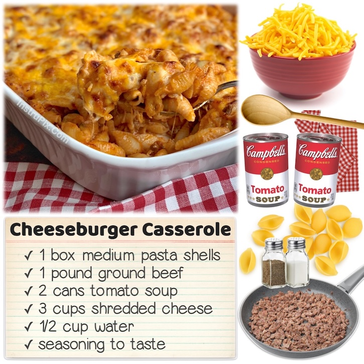 Cheeseburger Pasta Casserole made with just a few budget ingredients: one pound ground beef, pasta shells, shedded cheese, and two cans of tomato soup. This vintage recipe is popular for a reason! It's perfect for a family with picky eaters to feed and is great leftover for another lunch or dinner the next day. 