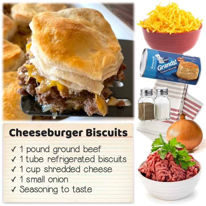 Make cheeseburgers in your oven in the form of a casserole with refrigerated biscuits! These cheeseburger biscuits are made with just a few cheap ingredients: Pillsbury refrigerated dough, ground beef, seasoning, cheddar cheese and an optional onion. The ultimate comfort food for your picky family. 