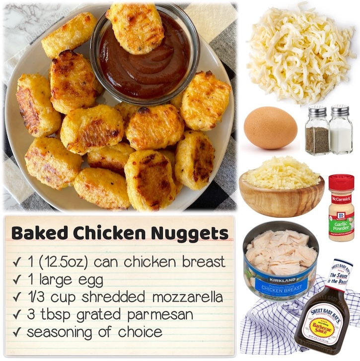 Every kid loves chicken nuggets, and this recipe is much healthier than store-bought nuggets, plus super easy to bake in the one with canned chicken, mozzarella, parmesan, egg, and the seasoning of your choice. 