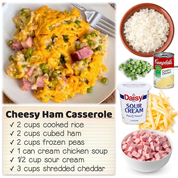 Cheesy Ham and Rice casserole made with cubed ham and peas! This quick dinner recipes is awesome for weeknight meals, plus it's freezable and easy to make ahead of time. 