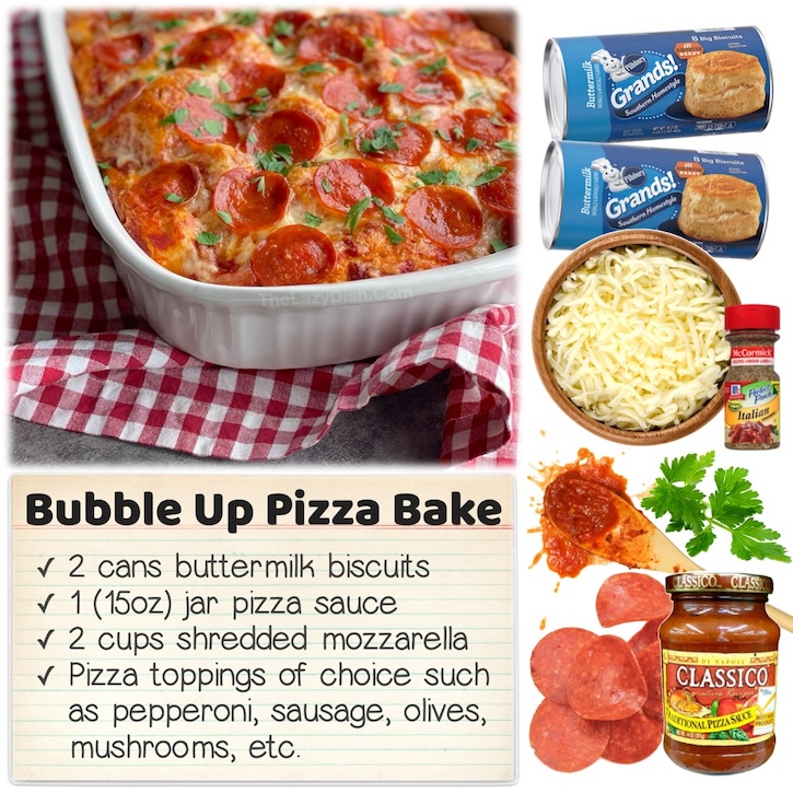 This pizza casserole is made with just 4 ingredients: Pillsbury refrigerated biscuits, pizza sauce, mozzarella cheese, and pepperoni. A creative way to make pizza for last minute dinners. 