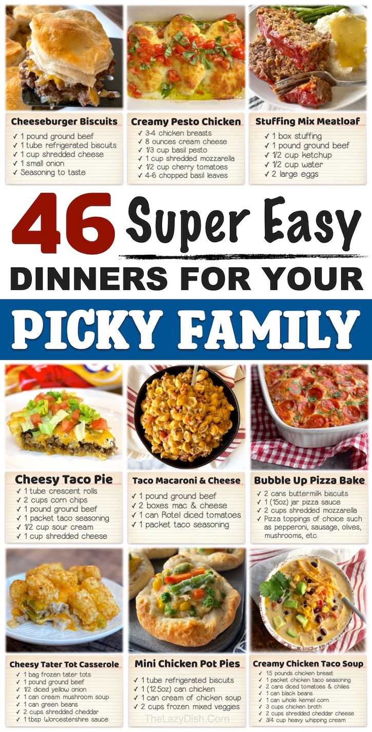 Your family is going to love this list of 46 quick and easy weeknight dinners! You'll find everything here from chicken and ground beef to yummy casseroles and simple slow cooker meals. These recipes are all made with just a few budget ingredients and take less than 30 minutes to prepare. Perfect for a family with picky eaters to feed. My kids love them!
