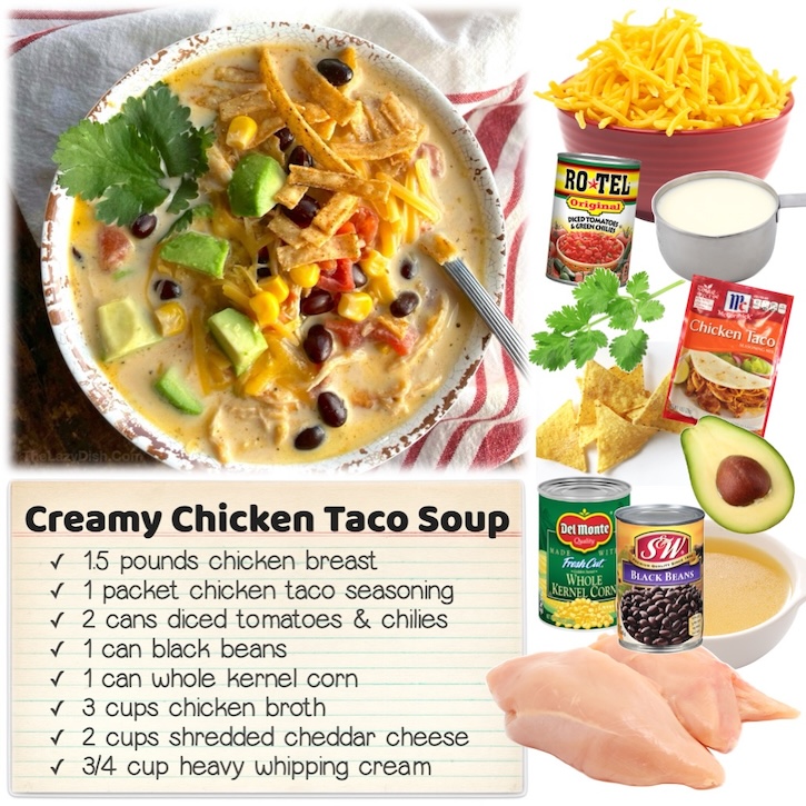 This Creamy Chicken Taco Soup is an easy slow cooker dinner recipe that can be made ahead of time in your crockpot. The ingredients include chicken breasts, taco seasoning, black beans, corn, tomatoes, cheddar cheese, chicken broth and heavy cream. 