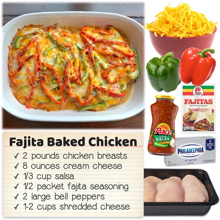 Cheesy Fajita Baked Chicken Breasts are a simple way of making fajita in your oven with salsa, cream cheese, fajita seasoning, bells peppers, and shredded cheddar cheese. Serve alone for a low carb meal or in warm flour tortillas for the rest of the family. 