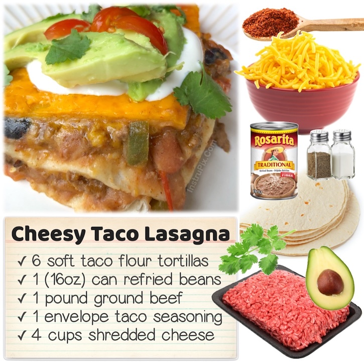 This fun and creative dinner is a unique way of making tacos that your family will love! Cheesy taco lasagna is made with all the traditional ingredients including tortillas, ground beef, taco seasoning, cheese, and refried beans all layered in a large baking dish to make lasagna. 