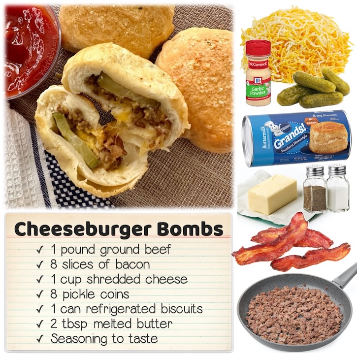 Cheeseburger Biscuit Bombs are a scrumptious and whimsical way of eating burgers! Simply stuff Pillsbury biscuits with seasoned ground beef, bacon, cheese, and pickles. Slather on some seasoned butter and bake! Your kids are going to love dipping them in ketchup and mustard. 