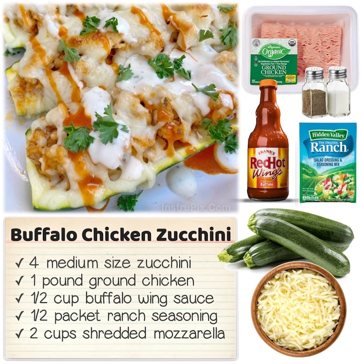 These Buffalo Chicken Zucchini Boats are stuffed with a yummy mixture of ground chicken, ranch seasoning, cheese, and buffalo sauce. So simple and yet so delicious. This quick meal is also low carb and healthy, making it a regular recipe in my house. 