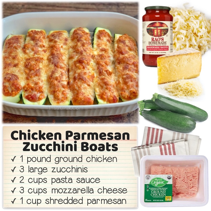 This healthy and low carb dinner is a family friendly meal even the kids will enjoy. To make these chicken parmesan zucchini boats you'll just need the following ingredients: zucchini, ground chicken, pasta sauce, mozzarella, parmesan and a little seasoning. 