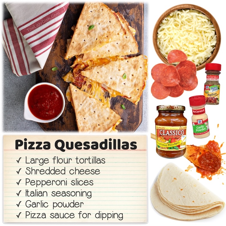 Pepperoni Pizza Quesadillas are a fun and last minute way of making pizza with tortillas instead of a traditional crust. Fill them with your favorite pizza toppings and then serve with warm pizza sauce for a fast and last minute dinner when you don't have plans.