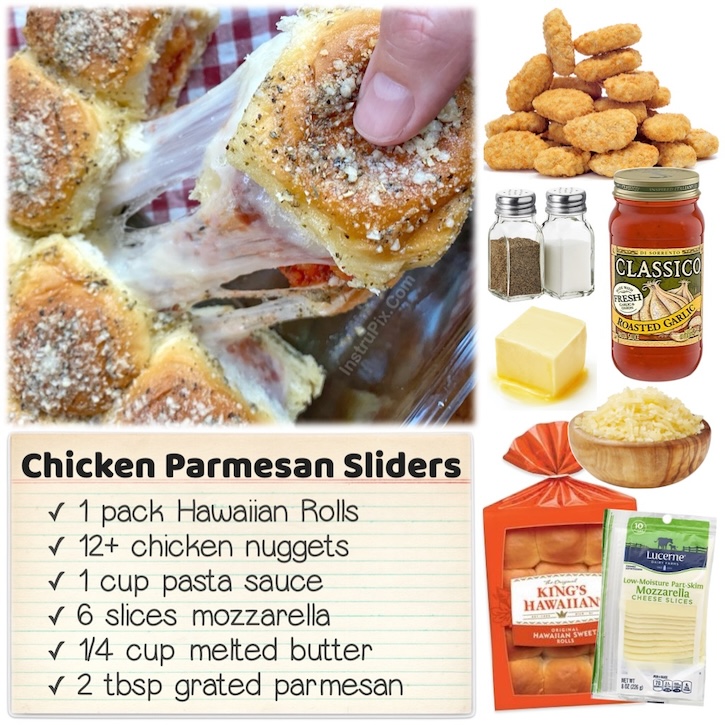Chicken parmesan sliders are mini sandwiches made with Hawaiian rolls, frozen chicken nuggets, pasta sauce, cheese, butter, and seasoning. A great lunch or dinner for kids of all ages. 