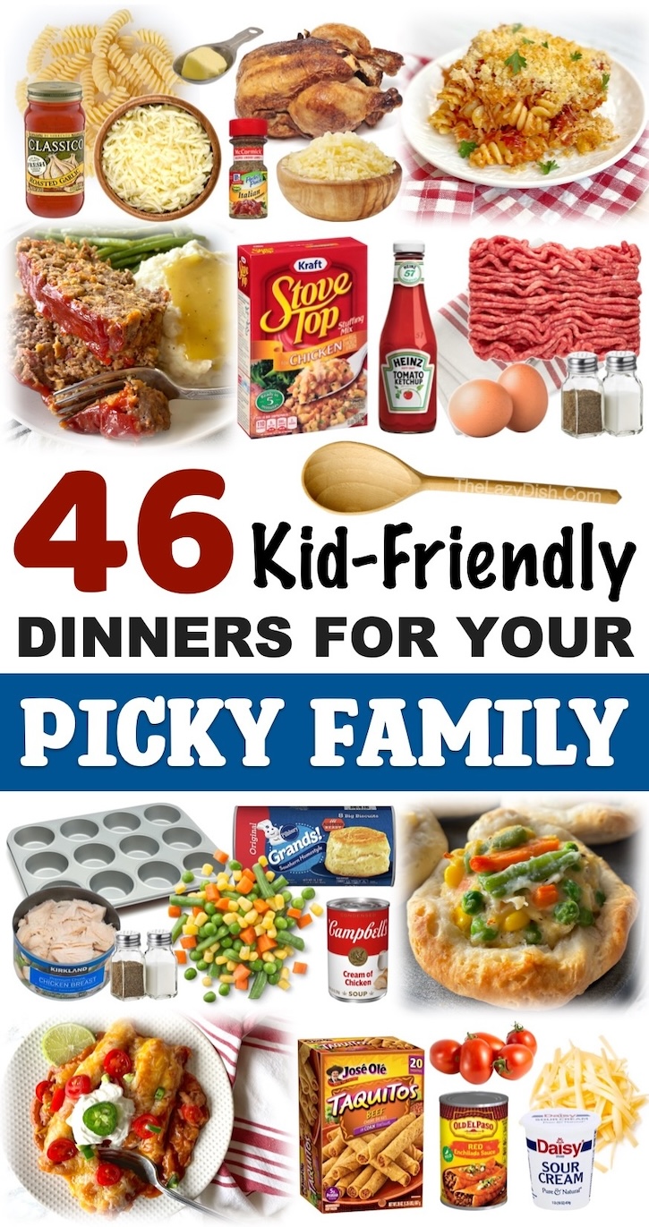 46 Kid Friendly Dinner Recipes for Picky Families! Kids can be hard to cook for. It's not easy making everyone happy at the dinner table with a home cooked meal. I've rounded up a list of my favorite kid approved dinners that the entire family can enjoy, even on busy weeknights or anytime you're too tired to be in the kitchen all night cooking and cleaning. 
