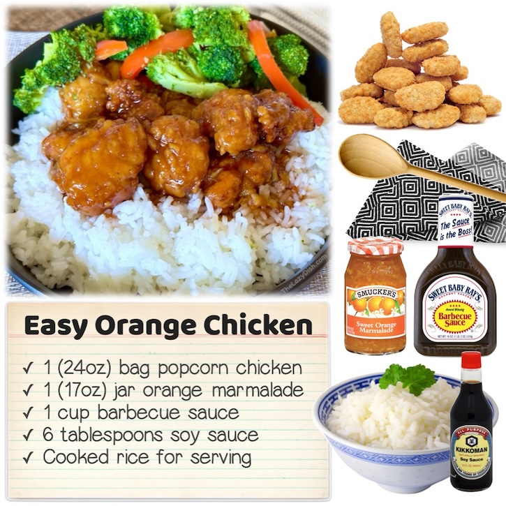 This is how to make restaurant quality orange chicken at home the easy way with frozen popcorn chicken, bbq sauce, orange marmalade, and soy sauce. Serve with rice for a quick last minute dinner on busy school nights. 