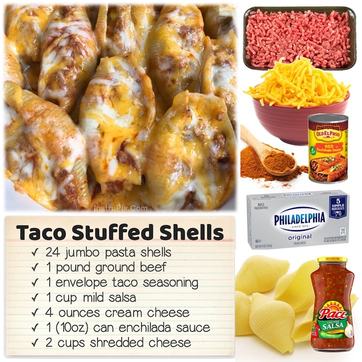 Cheesy Taco Stuffed Jumbo Pasta Shells for dinner tonight! This amazing meal is a fun twist of Italian food and Mexican food all made into a single casserole. Easy to make with pasta, ground beef, enchilada sauce, cream cheese, taco seasoning, and shredded cheddar cheese. 