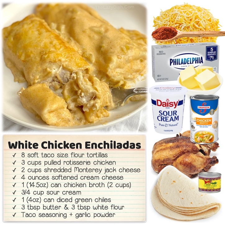 White chicken enchiladas are made with a creamy homemade white sauce made with sour cream, butter, chicken broth, cream cheese, and diced green chilies. I make the stuffing with rotisserie chicken because it's easy and yummy, but you can use any chicken you'd like. 