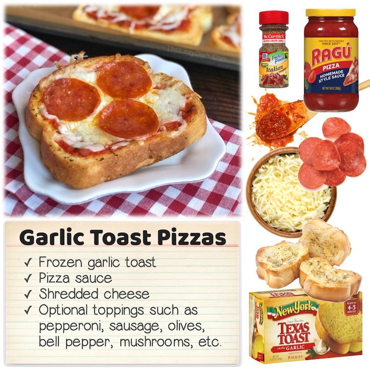 If you're looking for easy dinner ideas kids can make, these garlic toast pizzas are the best quick meal made with frozen garlic toast, pizza sauce, cheese, and the toppings of your choice such as pepperoni and olives. 