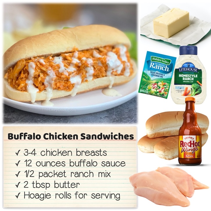 Slow Cooker Shredded Buffalo Chicken served in hoagie rolls to make the best sandwiches! Simply place chicken breasts, ranch seasoning, buffalo sauce, and butter into your crockpot for a few hours.