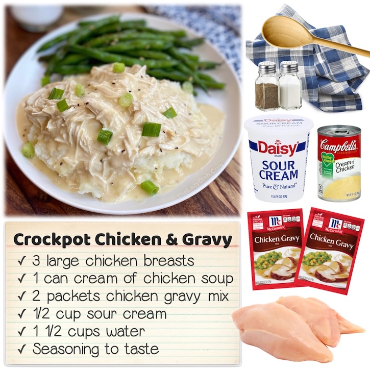 Crockpot chicken and gravy is simple to make in a slow cooker with chicken breasts, chicken gravy mix, cream of chicken soup, and sour cream. Serve over mashed potatoes, rice, or pasta for an easy weeknight dinner that your kids are sure to love. 