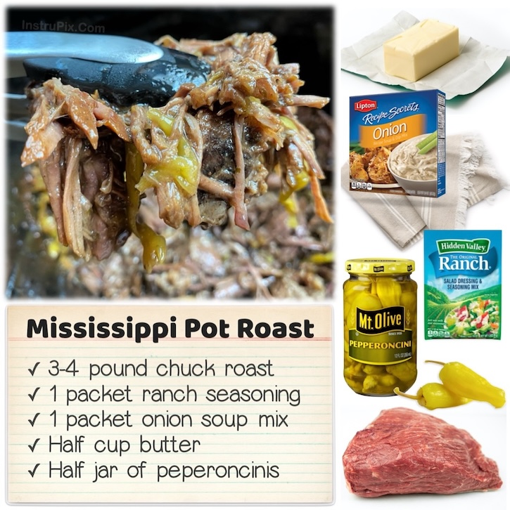 Pot roast is a savory beef my family can't get enough of! This Mississippi roast is made in a crockpot with a packet of ranch seasoning, onion soup mix, butter, peperoncinis, and butter. 