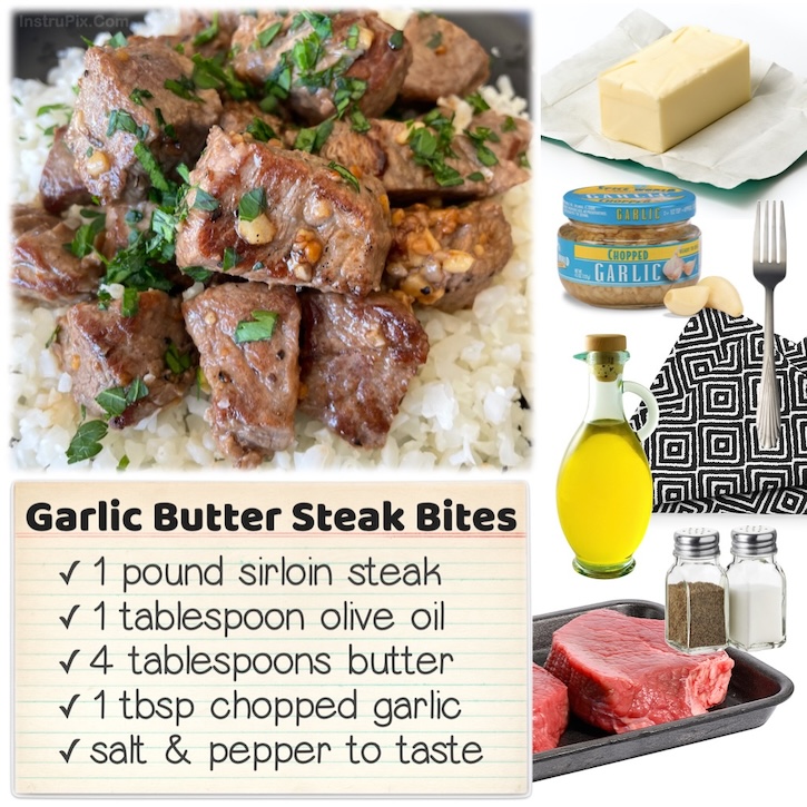 Sometimes steak is a nice change for dinner, and you don't need a grill to make it juicy and delicious. Make these easy steak bites in a cast iron skillet with lots of butter and chopped garlic for an amazing meal that's ready in less than 15 minutes. 