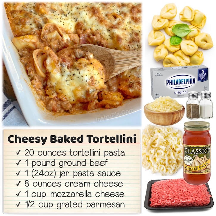 This popular Italian inspired dinner casserole is simple to make with fresh or frozen tortellini, pasta sauce, ground beef, cream cheese, mozzarella and parmesan. Serve with a side of healthy veggies or salad to make this main dish complete. 