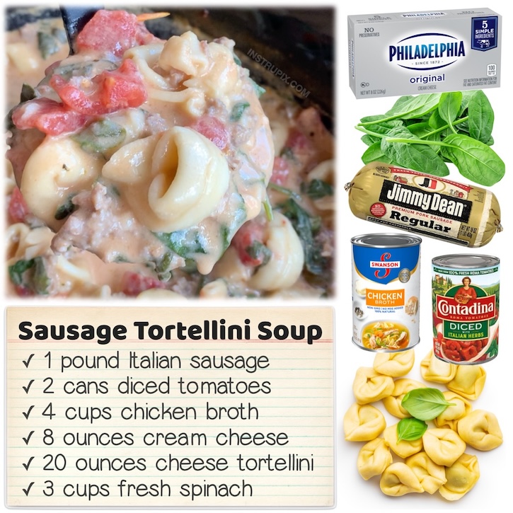 Sausage and tortellini soup with spinach and tomatoes! This comfort food is effortless to make in a crockpot and is bar far my best reviewed recipe. This is the ultimate comfort food especially on a cold fall or winter night. 