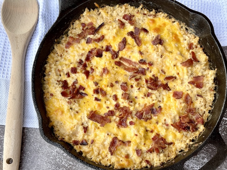 Have you tried this yummy dinner casserole made with frozen cauliflower rice and canned chicken? Add some bacon and shredded cheese on top and you have an amazing dinner idea that your whole will love. 